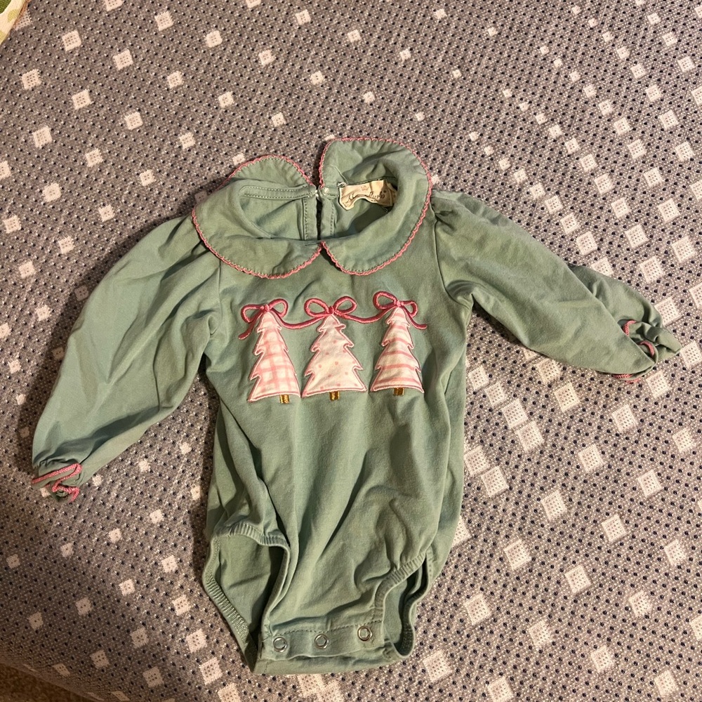 Pretty greenish color Baby Onesie with Christmas Tree Design